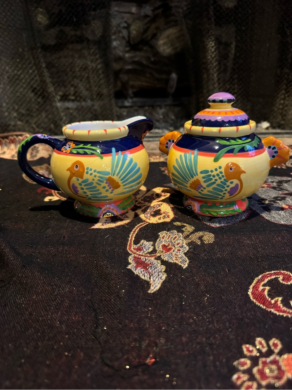 La Paloma Bird Design Creamer & Covered Sugar Bowl Pelzman Design Hand Painted